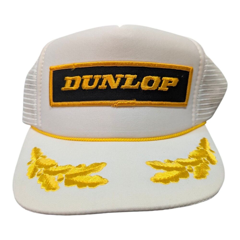 Vintage Dunlop Mesh Trucker SnapBack Hat Cap White Gold Leaf Otto Thailand